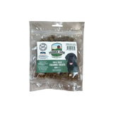 A clear plastic bag of 100g dark brown paddock farm training treats for dogs from paddock farm