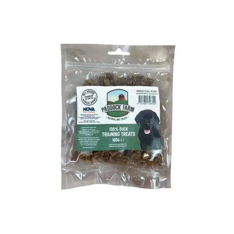 A clear plastic bag of 100g dark brown paddock farm training treats for dogs from paddock farm
