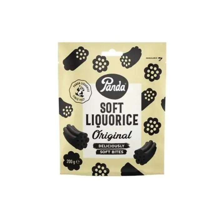 Panda liquorice original soft liquorice in a beige and black patterned resealable pouch perfect for equestrian fans and horses