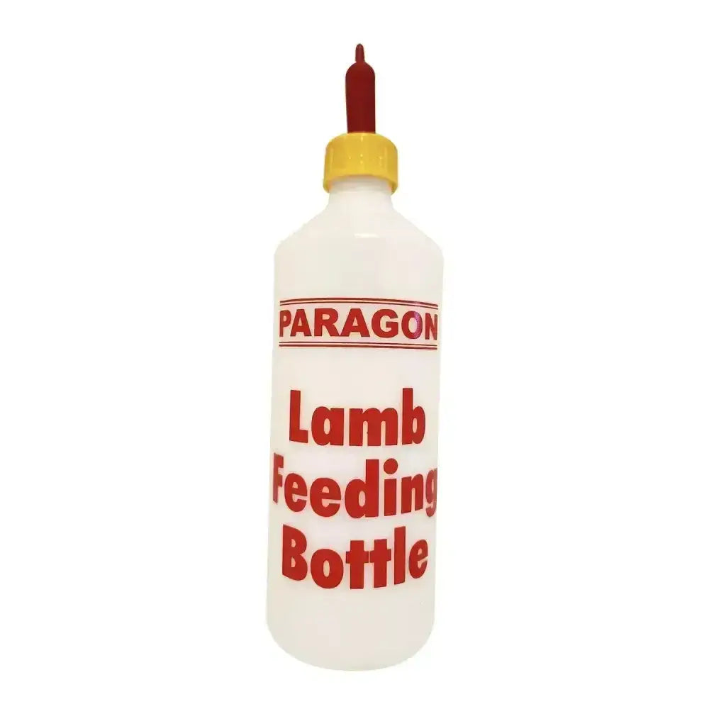 White plastic paragon lamb feeding bottle with yellow screw-on lamb teat cap and red nipple lamb teat included