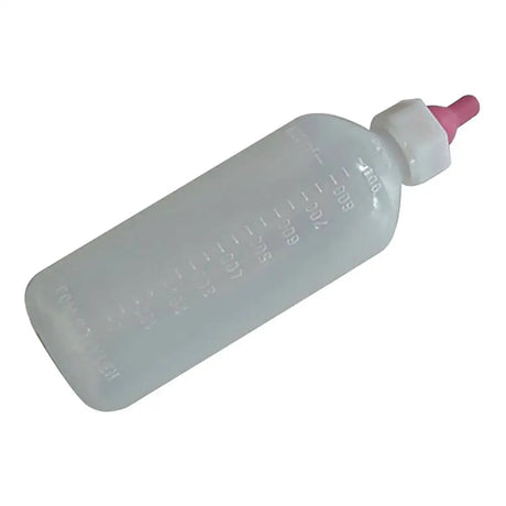Translucent paragon lamb feeding bottle with pink nipple and measurement markings made from highly durable polyethylene