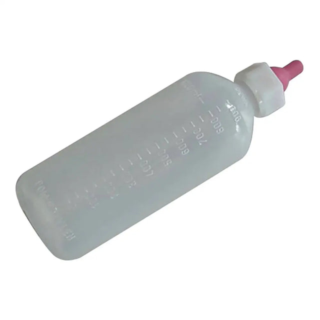 Translucent paragon lamb feeding bottle with pink nipple and measurement markings made from highly durable polyethylene