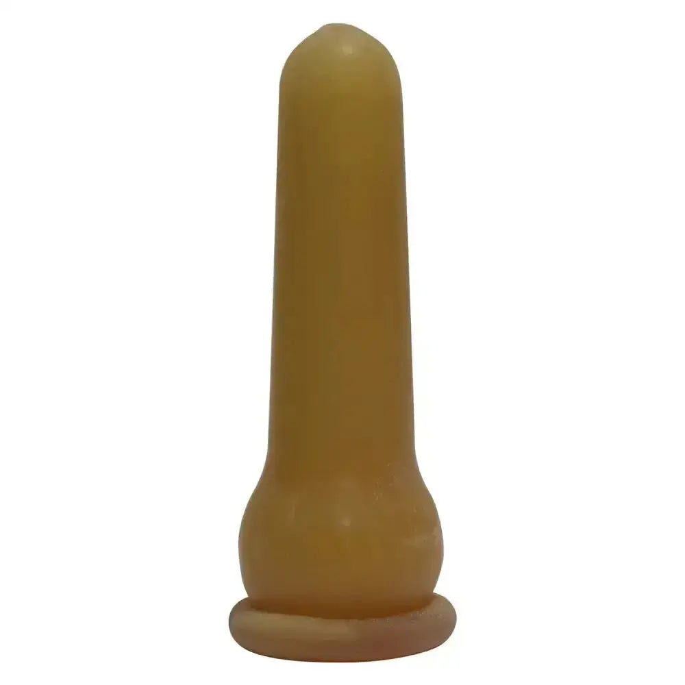 Translucent amber-colored silicone rubber calf teat pull over bottle type with a rounded tapered top and flared base