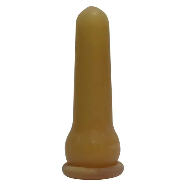 Translucent amber-colored silicone rubber calf teat pull over bottle type with a rounded tapered top and flared base