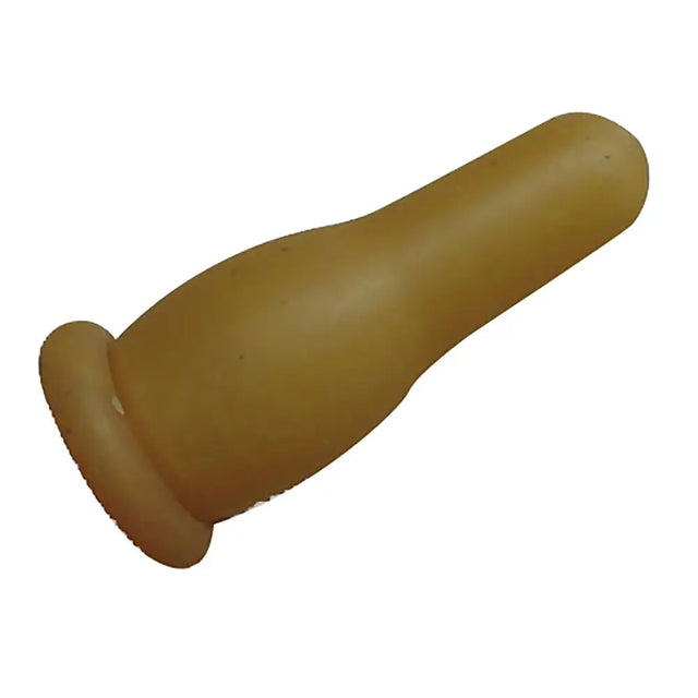 Tan smooth rubber lamb teat pull over bottle type with rounded base and tapered tip for easy feeding use