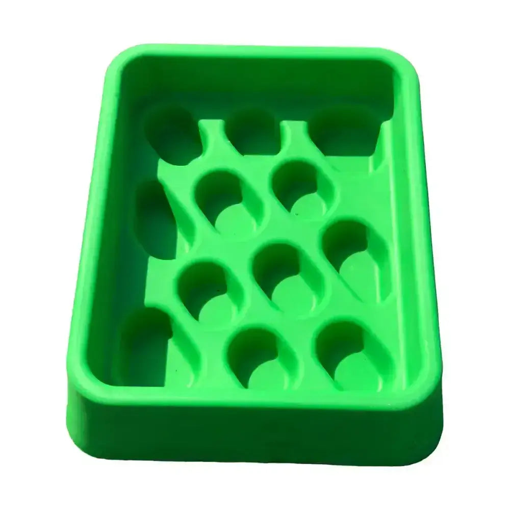 Bright green silicone soap dish with circular and oval indentations for slow feeding trough use in parallax grad-dual feeder