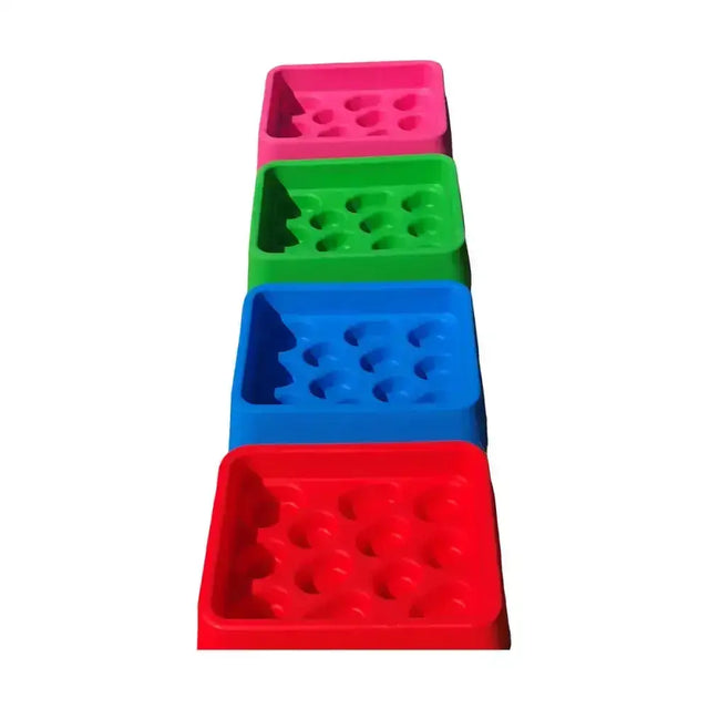Set of four colorful silicone soap dishes in pink green blue and red with textured surface for parallax grad-dual feeder slow feeding trough