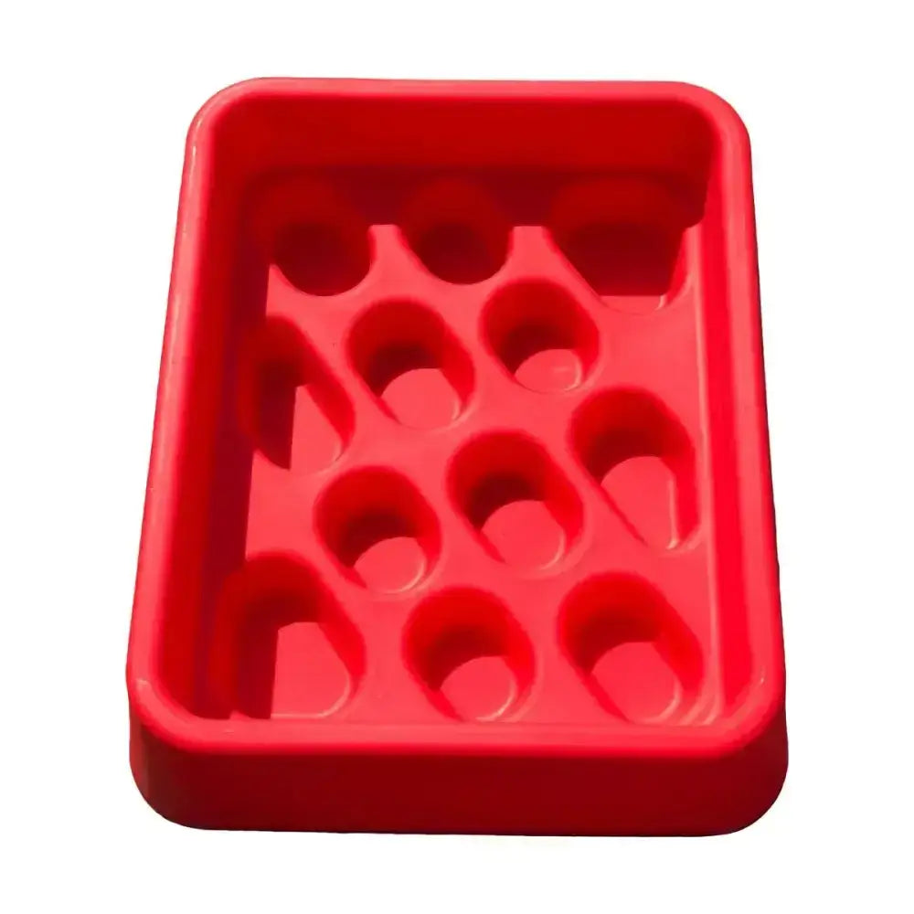 Red rectangular silicone ice cube tray with 12 circular spots for parallax grad-dual feeder slow feeding trough use