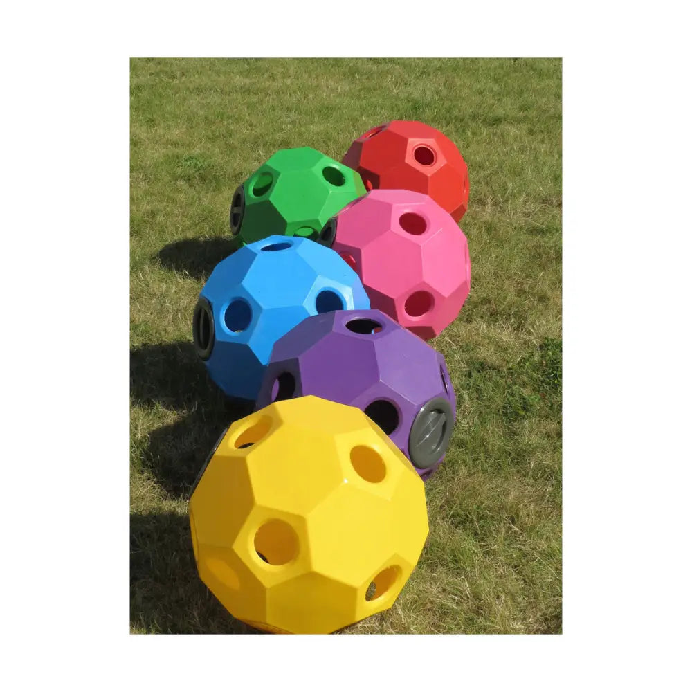 Brightly colored multi-sided plastic balls with holes and gray metal accent for parallax hay play slow forage feeder