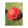 Red geometrically shaped plastic ball with multiple circular openings for small holed hay play horse fun