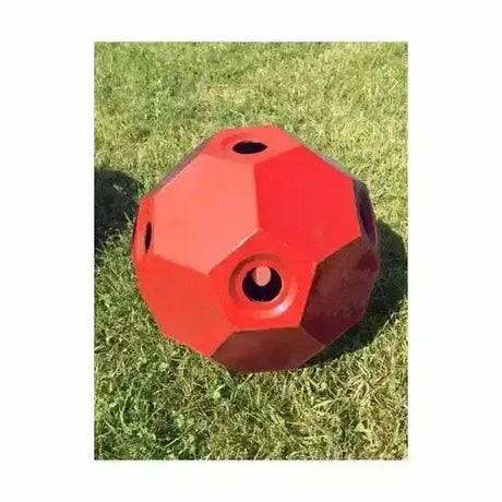 Red small holed hay ball made of plastic for holed hay play and hay play horse enrichment