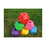 A stack of colorful foam dumbbells in red green pink purple yellow and blue for parallax snack multi sided feeding