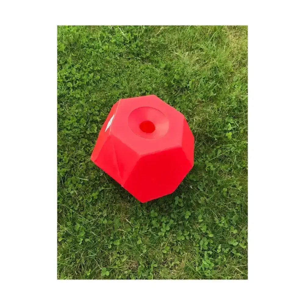 Bright red octagonal plastic training cone with central hole for parallax snack multi sided feeding use