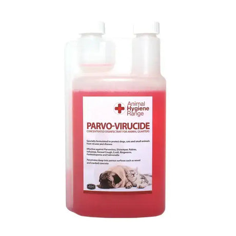 Red liquid parvo-virucide canine disinfectant in clear plastic bottle with two white caps for animal hygiene use