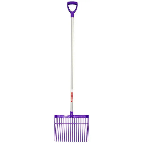 Purple plastic handled pc bedding fork d handle with silver metal shaft and purple tines for gardening use