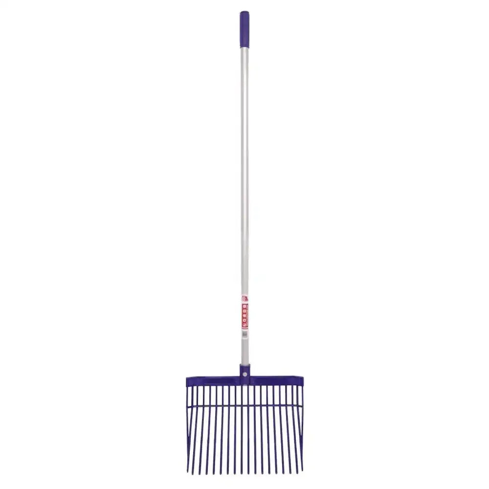Purple-handled bedding fork straight handle with silver aluminum shaft and dark purple metal tines for garden use
