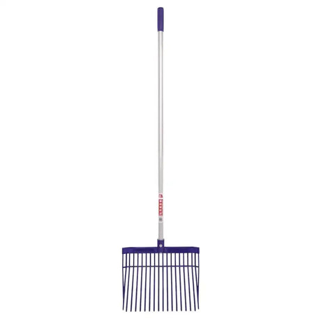 Purple-handled bedding fork straight handle with silver aluminum shaft and dark purple metal tines for garden use