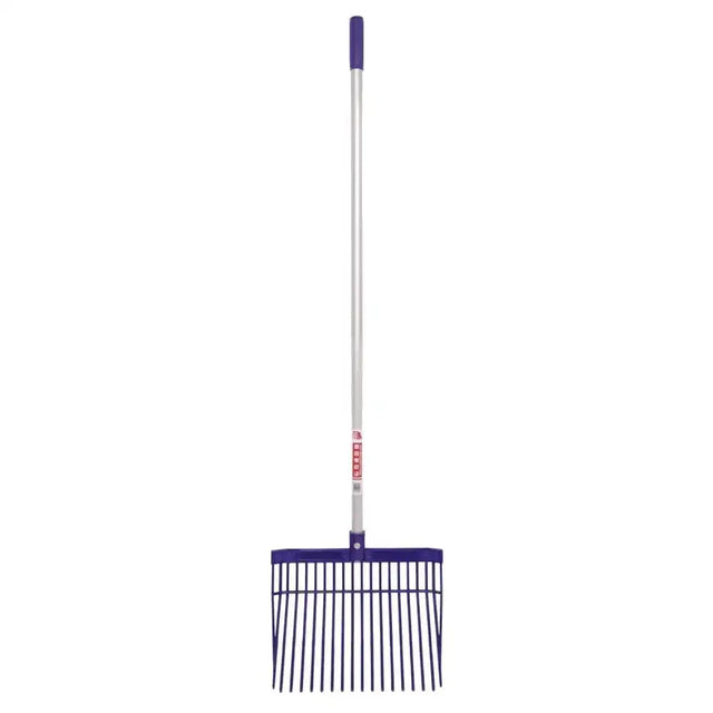Purple-handled bedding fork straight handle with silver aluminum shaft and dark purple metal tines for garden use