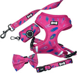 Pink peacock power dog harness set with vibrant peacock feather pattern black hardware and matching accessories