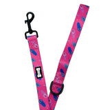 Pink peacock power 5ft dog lead with blue feather, circular pattern, black metal clasp, and d-ring for easy use
