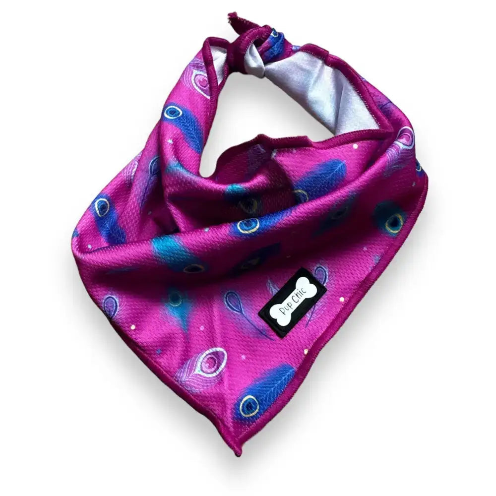 A vibrant magenta peacock power cooling bandana with blue and purple feathers and a black paw chic tag for long haired dogs