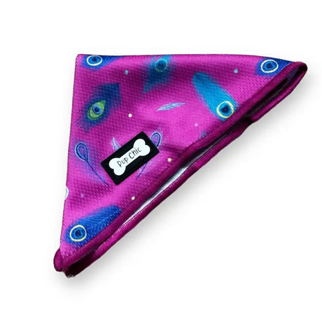 A vibrant purple peacock power cooling bandana with blue green peacock feather pattern perfect for long haired dogs