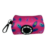 Peacock power poo bag holder with pink peacock feather pattern, collapsible design, black carabiner clip, and pup chic logo