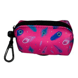 A vibrant pink peacock power poo bag holder with blue purple feather pattern black zipper trim and matching carabiner clip