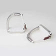 Shiny chrome peacock safety stirrups with white rubber footpads and brown leather straps made of rhinegold stainless steel