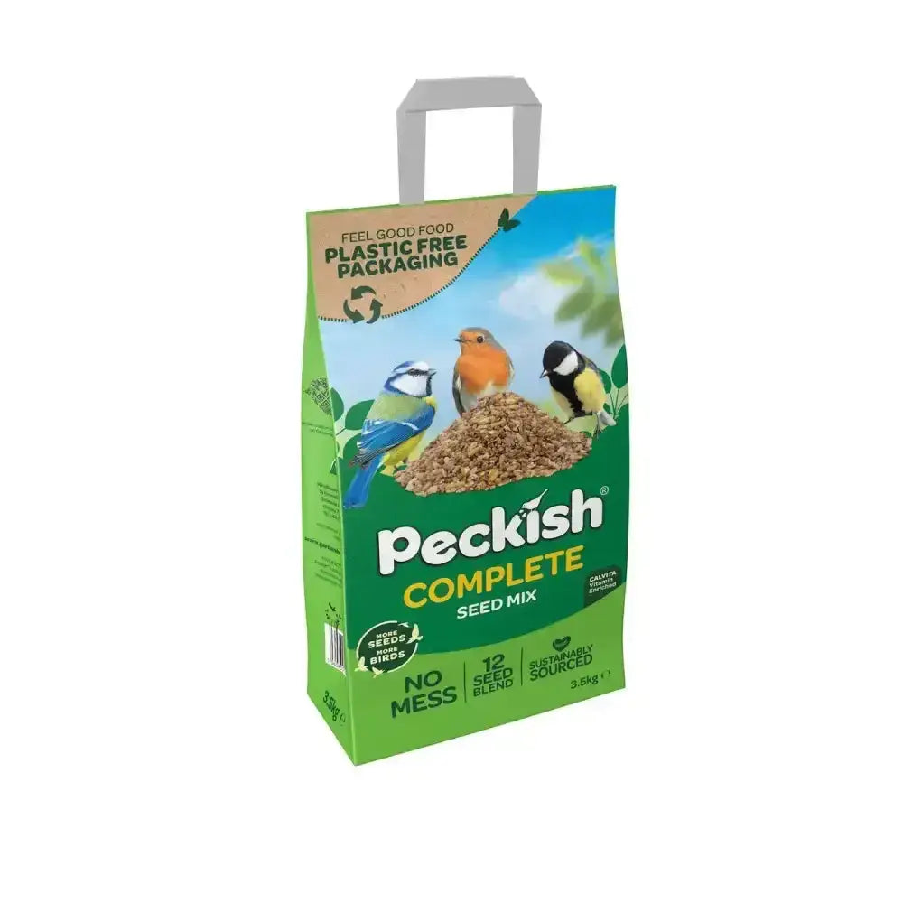 Green peckish complete seed bag with white handle and colorful bird illustrations for peckish complete seed mix