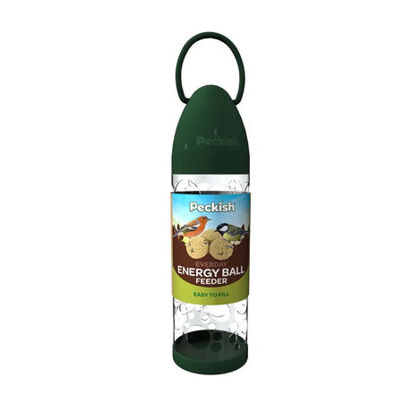 Green peckish everyday energy ball feeder with clear plastic body and top handle for easy use
