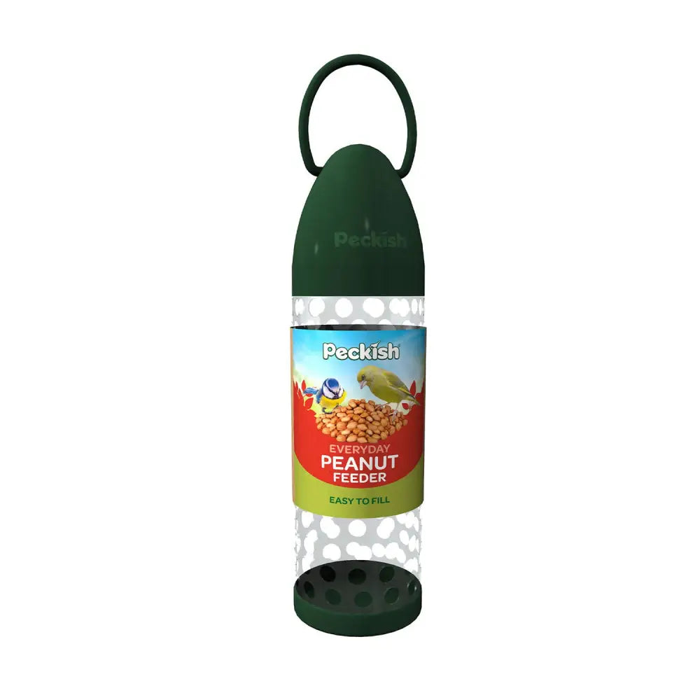 Green peckish everyday peanut feeder with clear plastic body and dotted sections for peanuts for peckish snack feeder