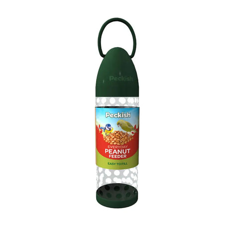 Green peckish everyday peanut feeder with clear plastic body and dotted sections for peanuts for peckish snack feeder