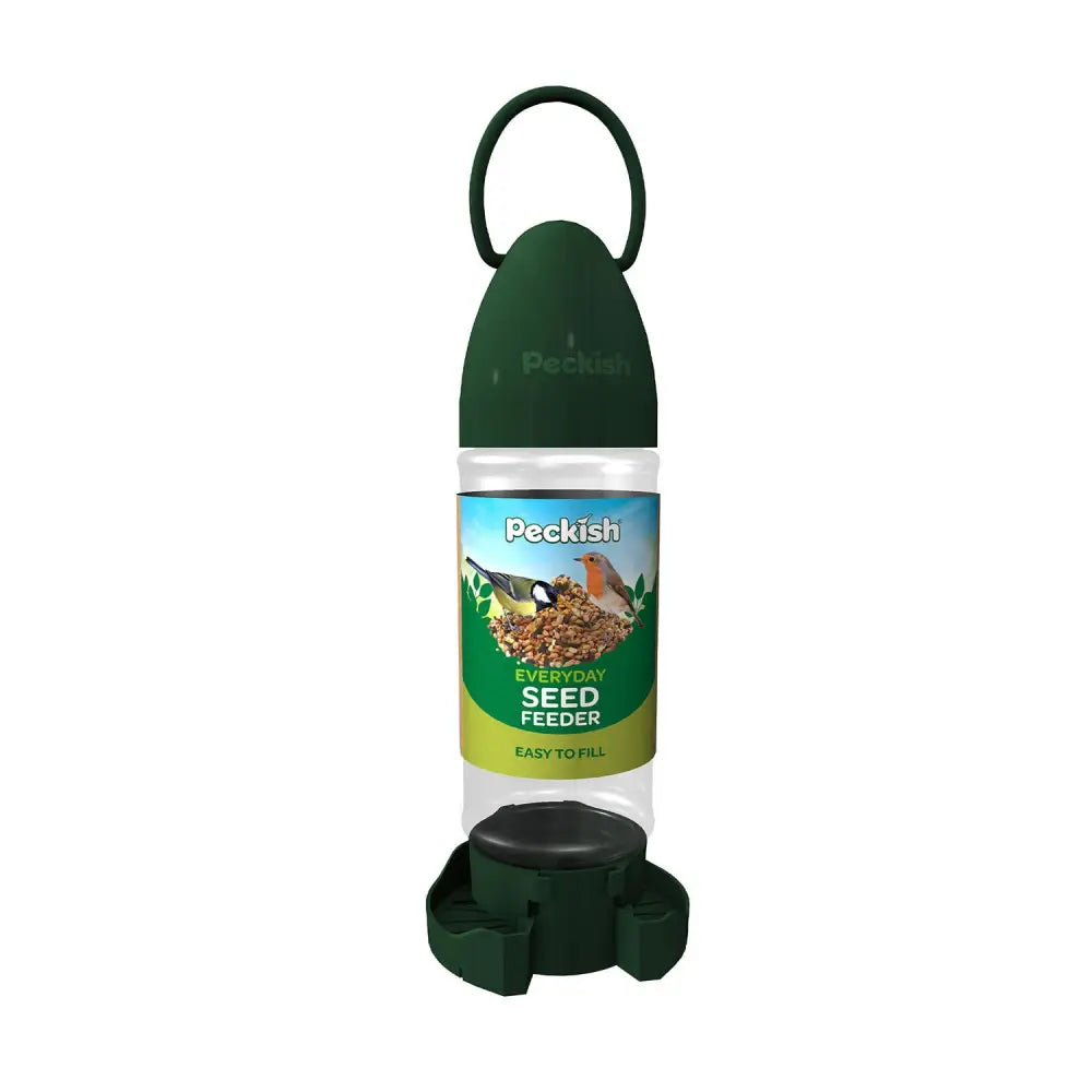 Dark green plastic peckish everyday seed feeder with clear refillable section and black base for bird feeders