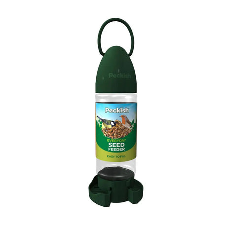 Dark green plastic peckish everyday seed feeder with clear refillable section and black base for bird feeders