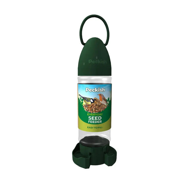 Dark green plastic peckish everyday seed feeder with clear refillable section and black base for bird feeders
