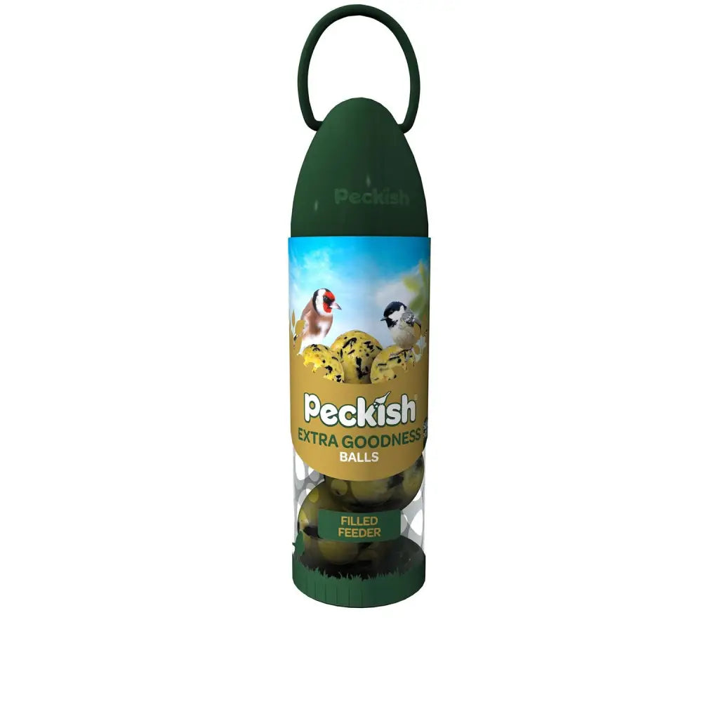 Green peckish extra goodness balls rtu feeder with clear plastic body and black handle ready to use goodness balls feeder