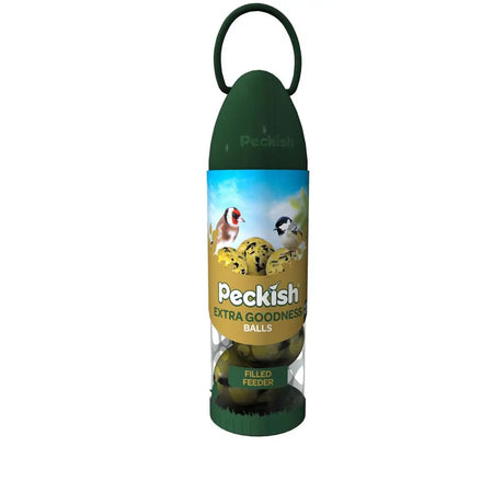 Green peckish extra goodness balls rtu feeder with clear plastic body and black handle ready to use goodness balls feeder