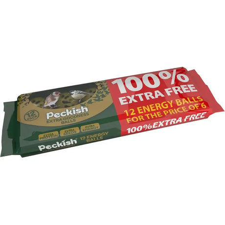 Peckish goodness energy ball 6pk plus 6 free in green and red package with birds great for horse events snacks