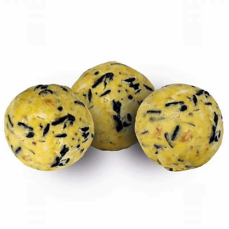 Three round yellow goodness energy balls with black and brown specks in peckish energy ball 6pk for horse events