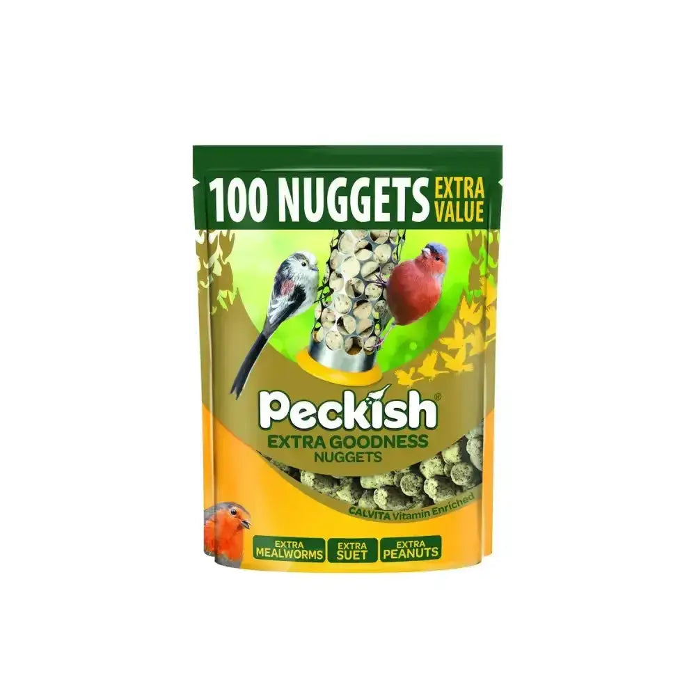 Peckish extra goodness nuggets bird seed pouch with 100 nuggets in green and yellow packaging for birds