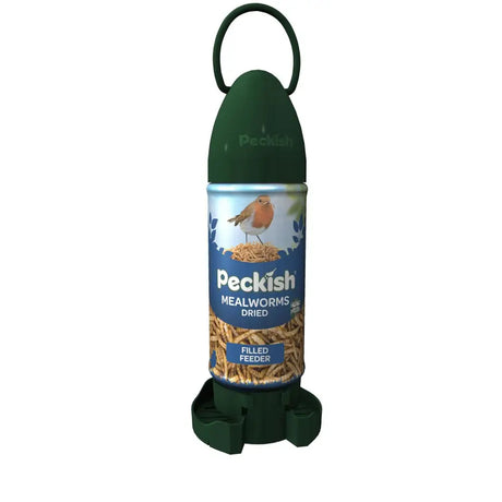 Dark green plastic peckish mealworm ready feeder with hanging loop and robin label for mealworm rtu feeder use