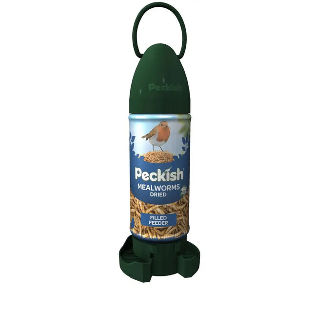 Dark green plastic peckish mealworm ready feeder with hanging loop and robin label for mealworm rtu feeder use