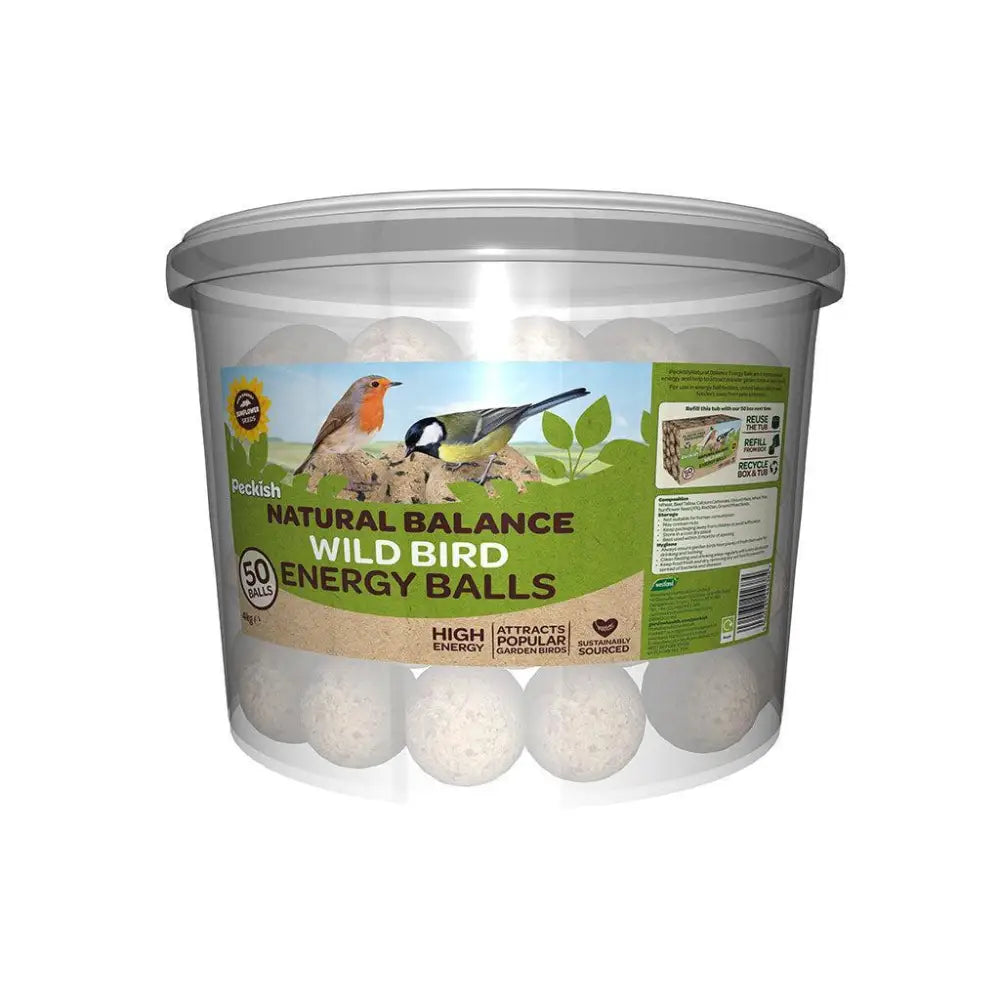 Clear tub with gray lid containing 50 white bird energy balls by peckish nat bal energy with natural ingredients for garden birds