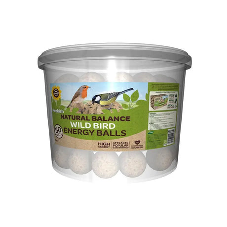 Clear tub with gray lid containing 50 white bird energy balls by peckish nat bal energy with natural ingredients for garden birds