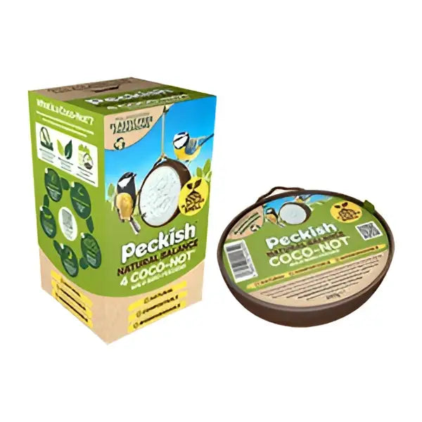Green and brown patent pending peckish natural balance coco-not wild bird feeder with circular design and bird illustrations