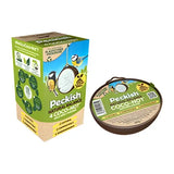 Green and brown patent pending peckish natural balance coco-not wild bird feeder with circular design and bird illustrations