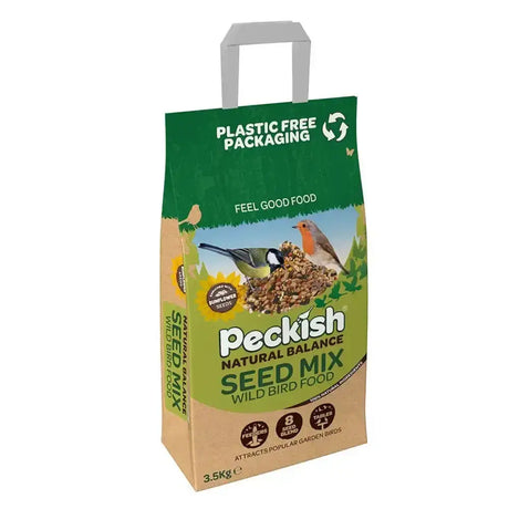 Green and beige plastic bag of peckish natural balance seed mix wild bird food with handle and bird images on packaging