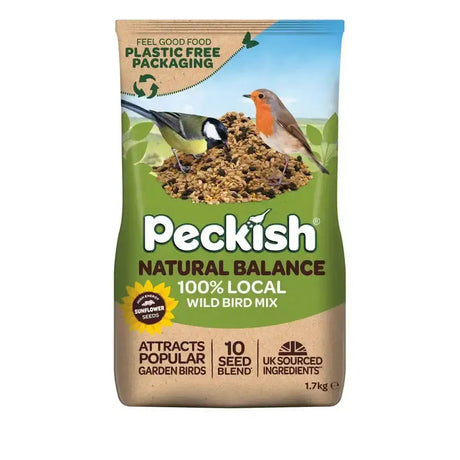 Peckish natural balance wild bird mix in a plastic-free bag with garden bird illustrations and sunflower seeds