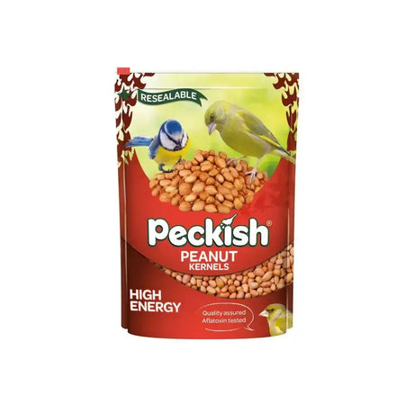 Red resealable pouch of peckish peanuts kernels with vibrant bird design and high energy text on the front